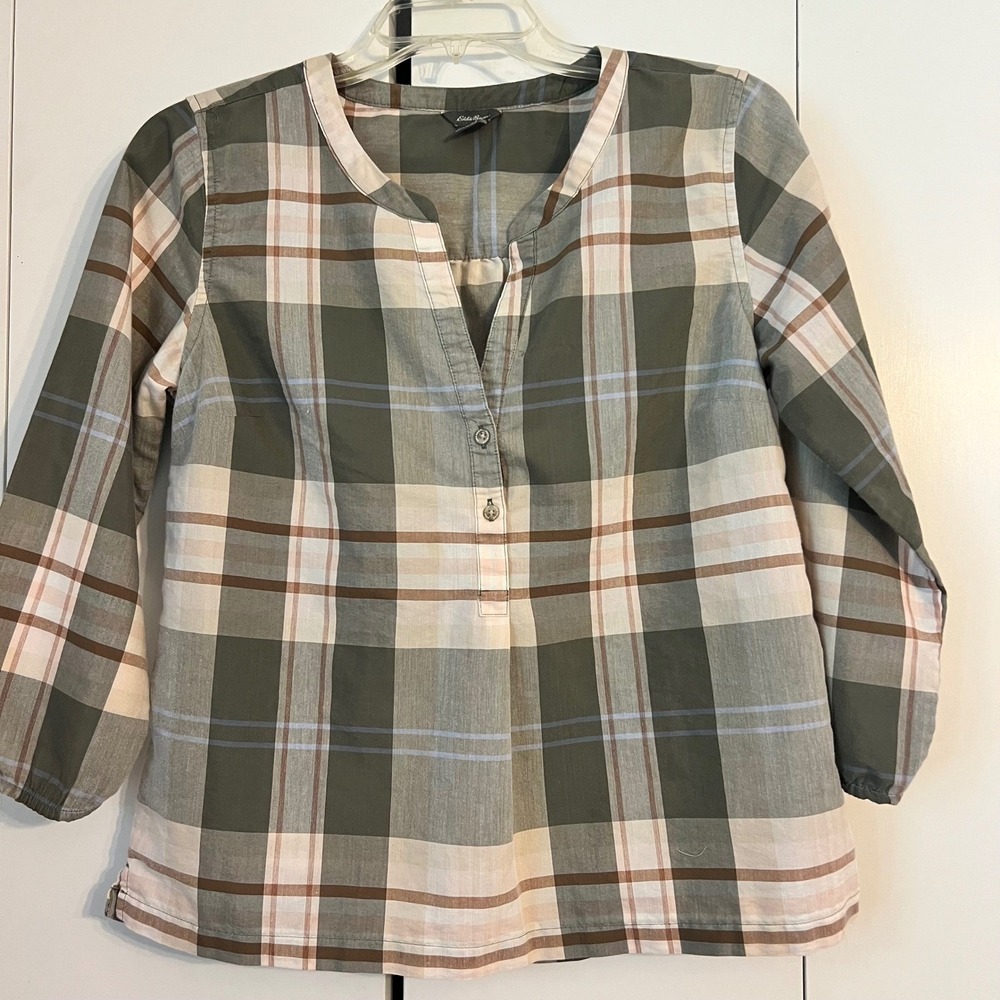 Cabincore Rustic Plaid Peasant Blouse Balloon Sleeve Cottagecore Green Tan XS